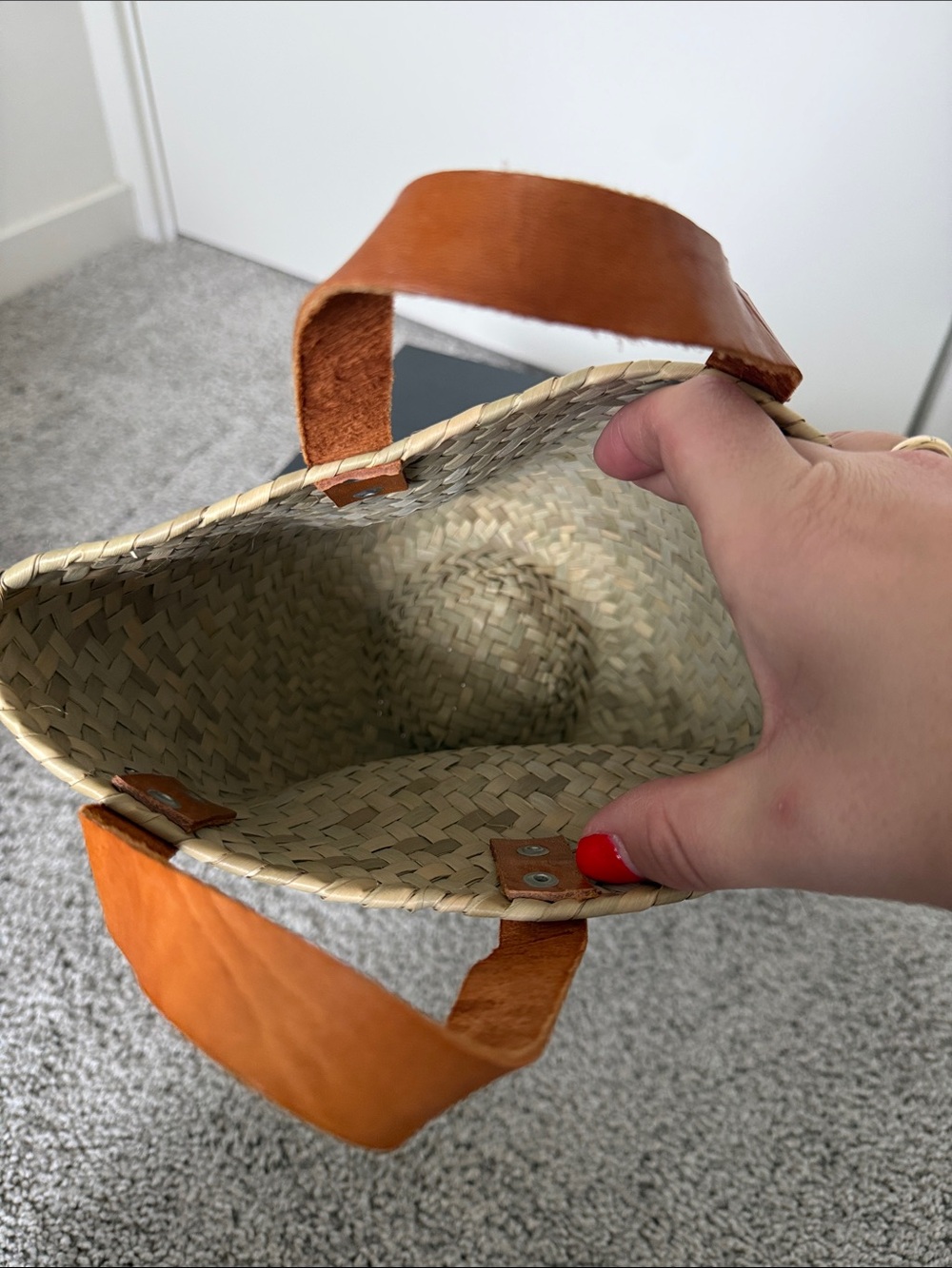 Handwoven Straw Tote with Tan Leather Handles - Picture 2 of 2